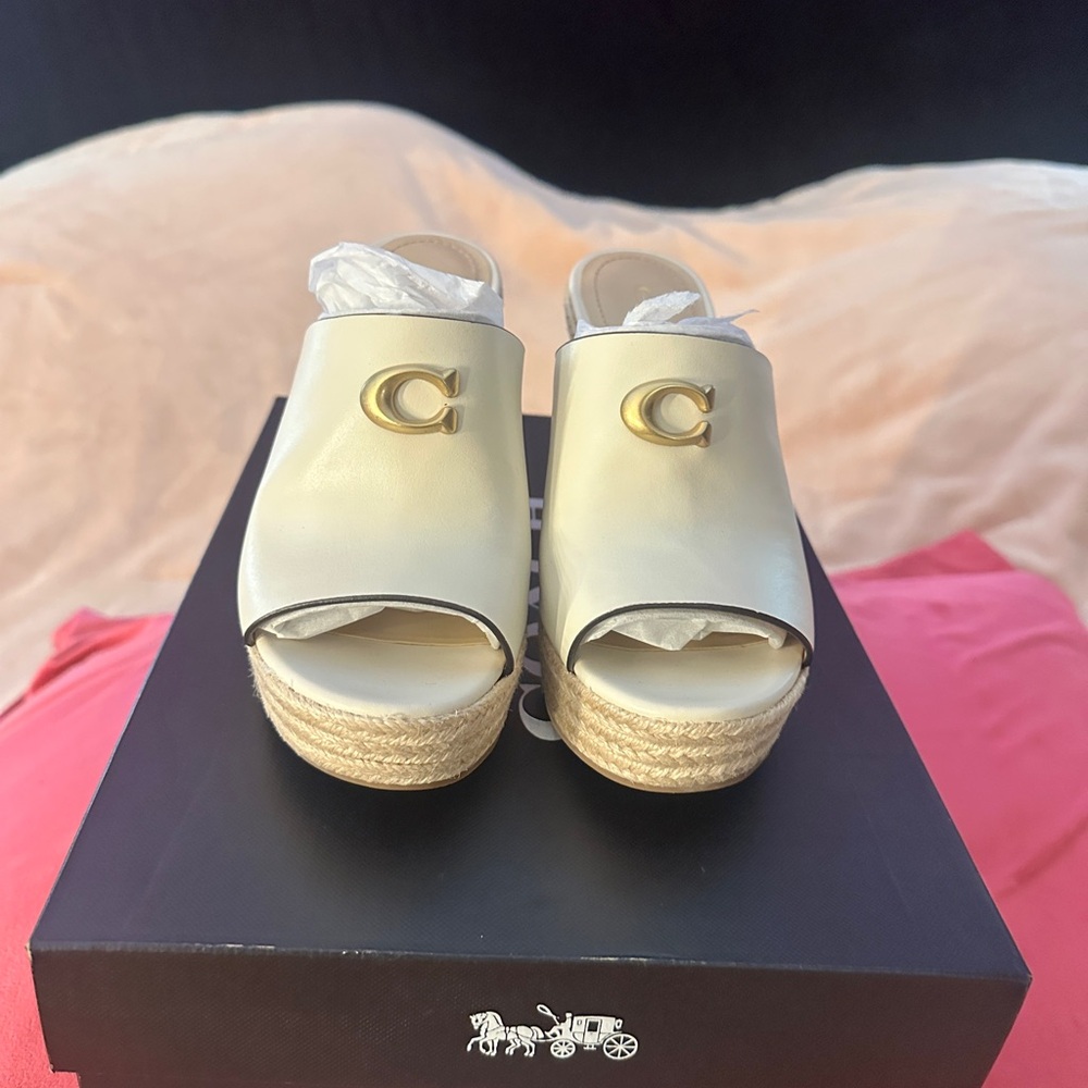 Coach Gloria Leather Espadrille Wedge Mules Chalk | NWT